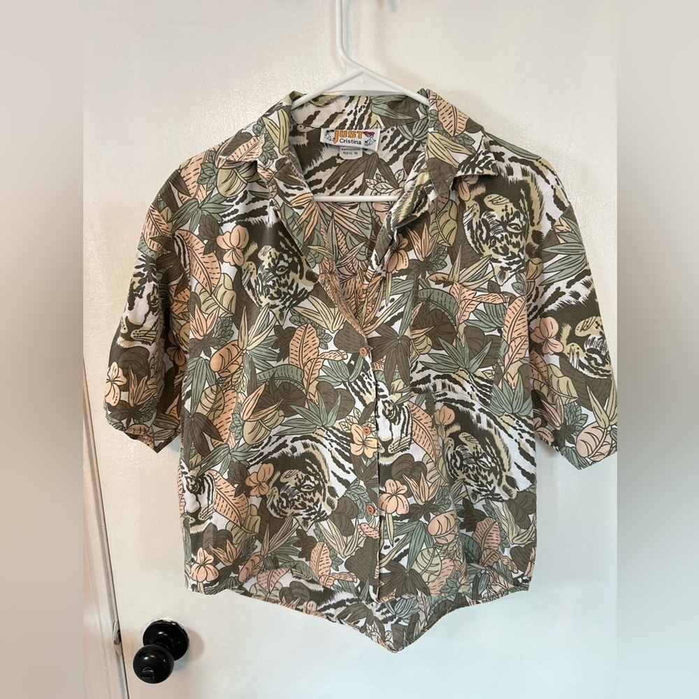 Vtg 80’s Just Cristina Jungle Tiger Print Safari Shirt Crop Button Sz S #1544